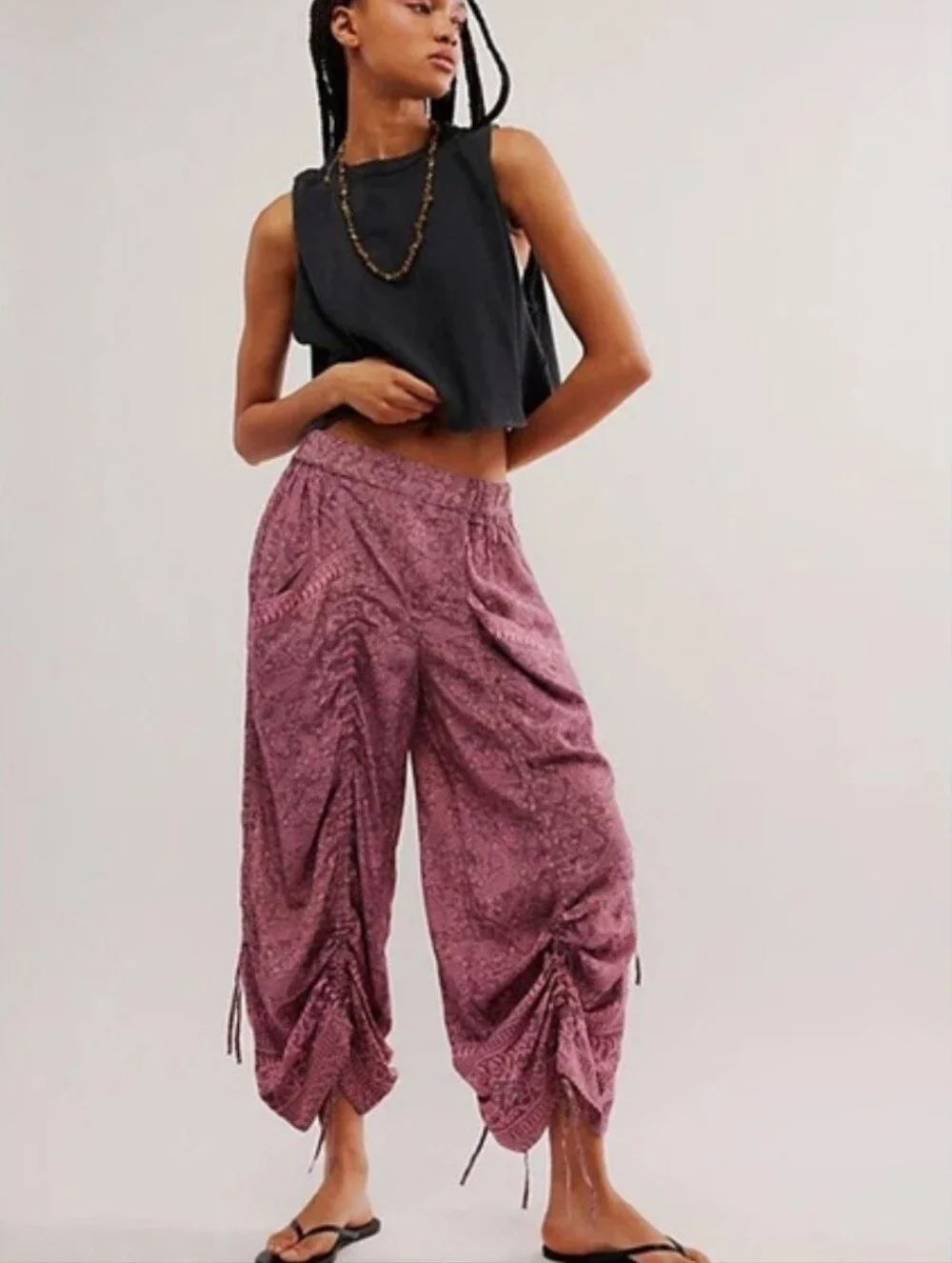 Free People Flora Pull On Bustle Trouser Paisley Ruched Leg L Paisley